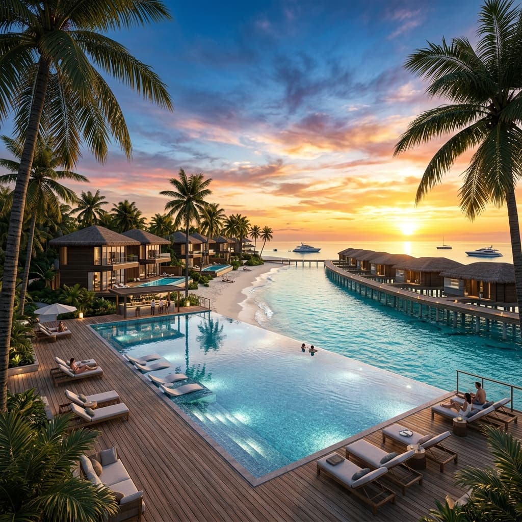 Luxury resort overlooking turquoise ocean water